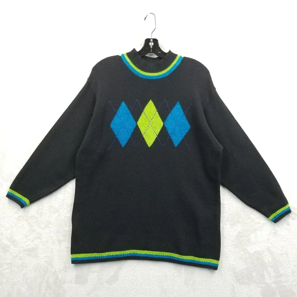 Vintage Sweater Women L Black Argyle Moch Neck Chenille Trim Oversized Tunic